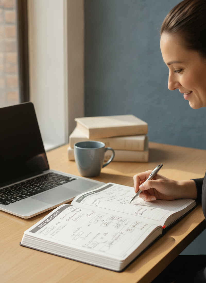 A professional desk setup with an open Exit Roadmap workbook next to a laptop, illuminated by natural light.