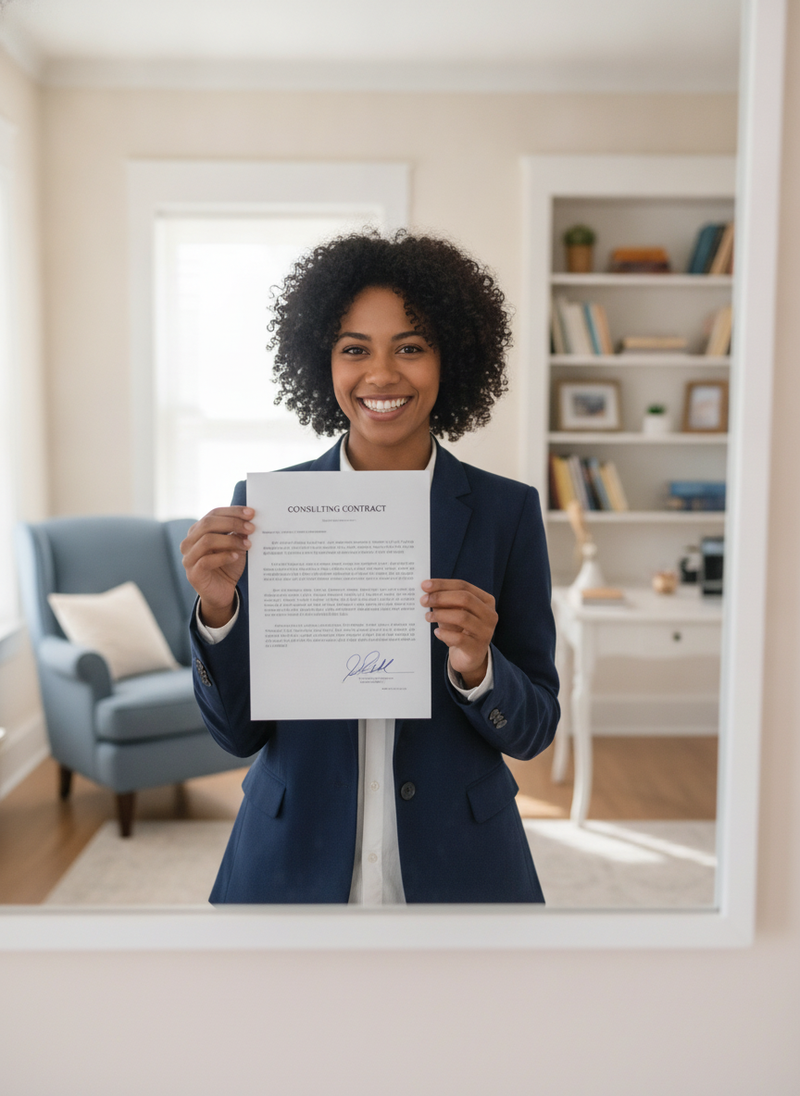 A young professional smiles, holding a signed consulting contract in a mirror selfie, showcasing a real outcome from the prog