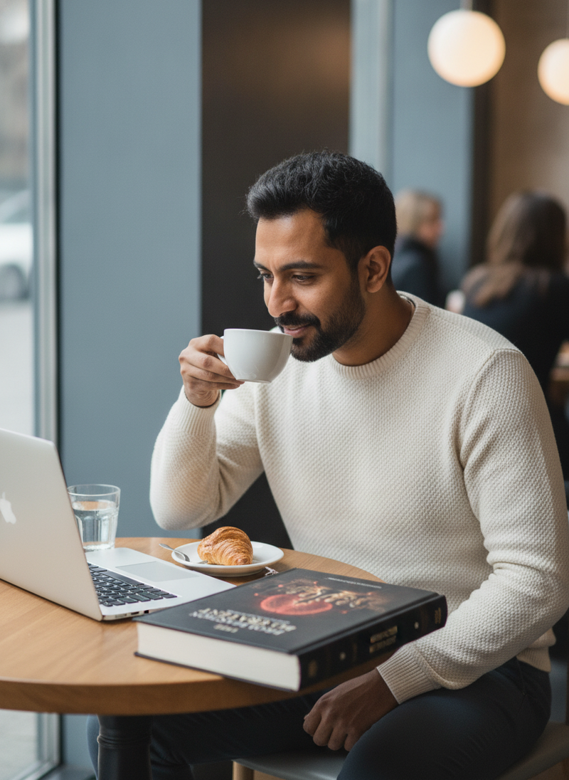 A professional working on a laptop in a cafe, enjoying a mid-day break with the "Professor Blueprint" visible on the table.