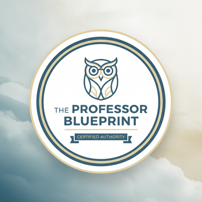 A modern, professional trust badge for "The Professor Blueprint" with clean lines and a subtle slate blue and cream backgroun