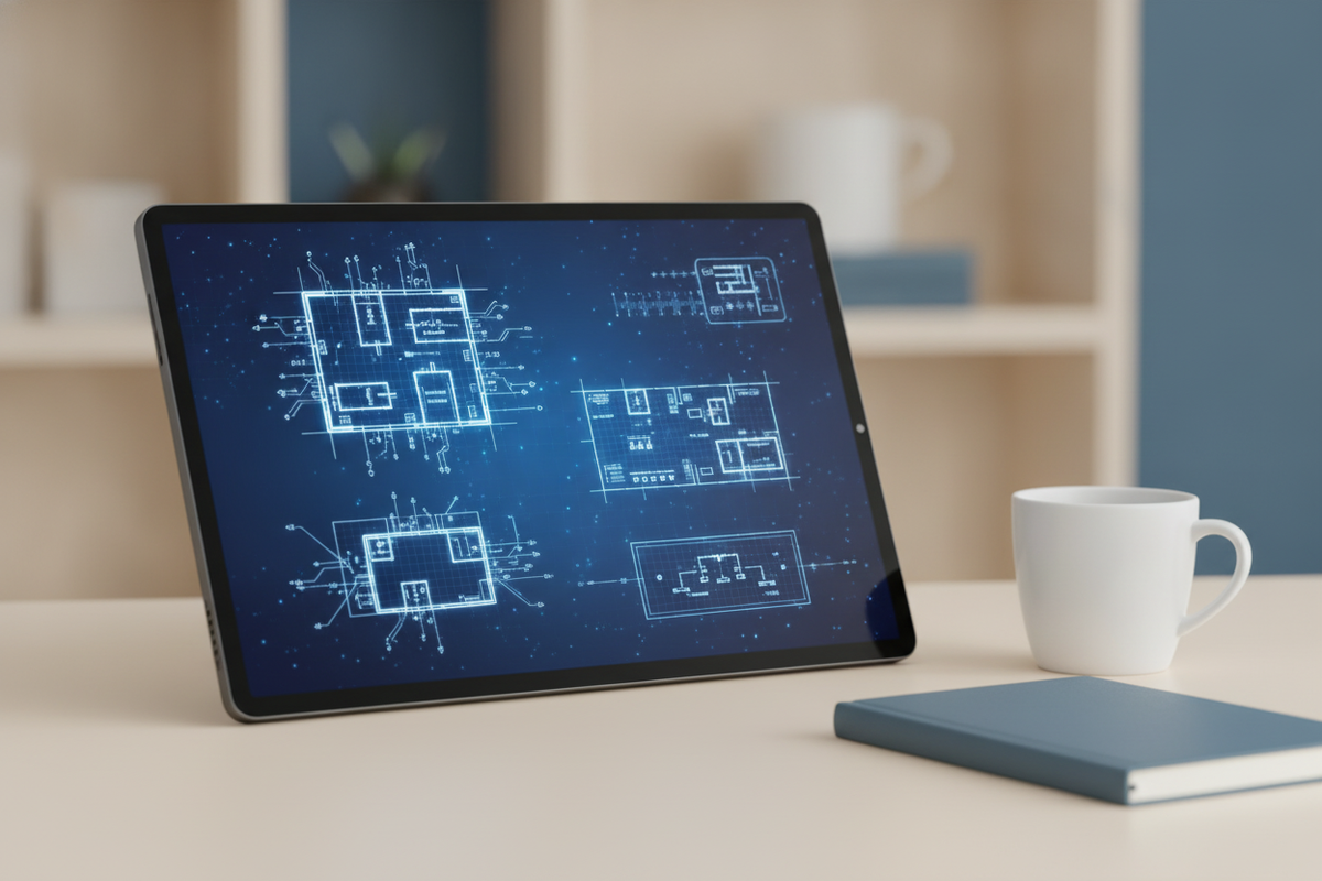 A professional photograph of 'The Professor Blueprint' device with a schematic display on a cream surface, next to a slate bl